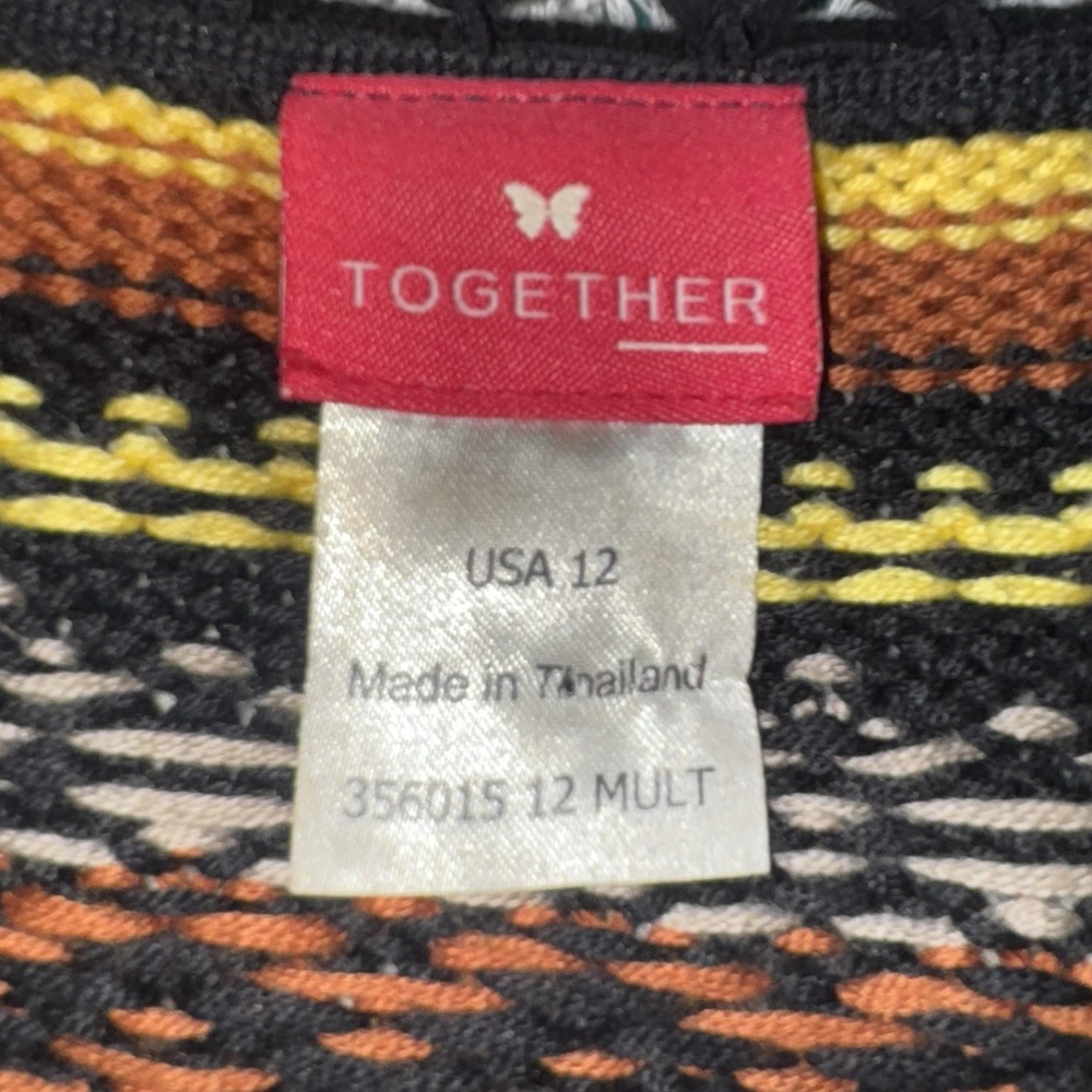 Together Womens Open Front Cardigan Yellow Black Geometric Striped Pom Pom - Picture 2 of 4